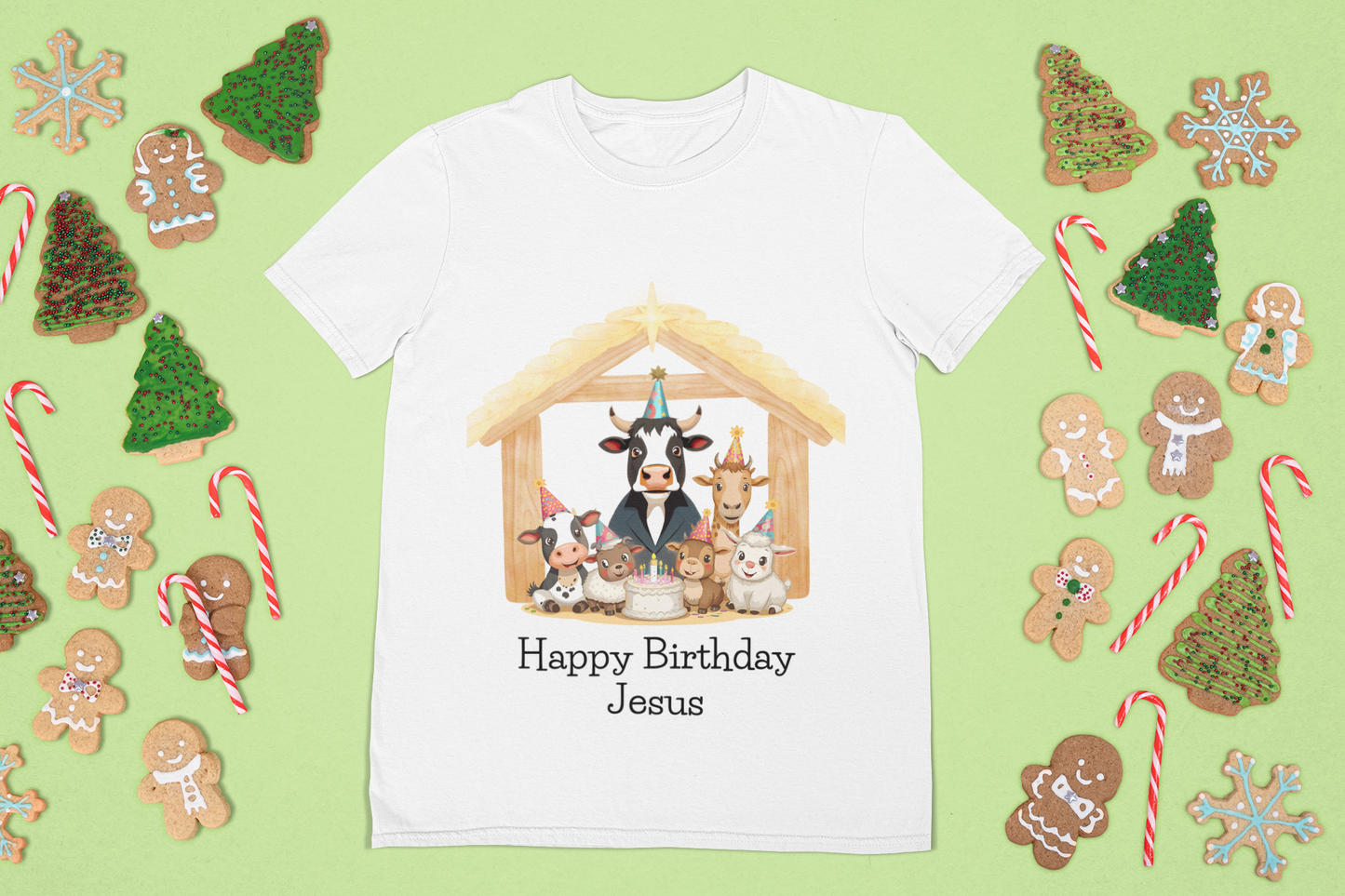 Christmas Nativity Unisex Tee - Happy Birthday Jesus Stable Animals