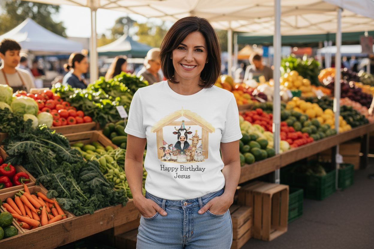 Christmas Nativity Unisex Tee - Happy Birthday Jesus Stable Animals