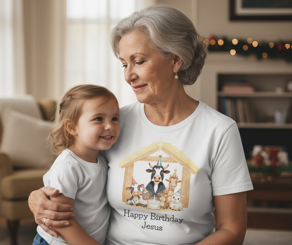 Christmas Nativity Unisex Tee - Happy Birthday Jesus Stable Animals