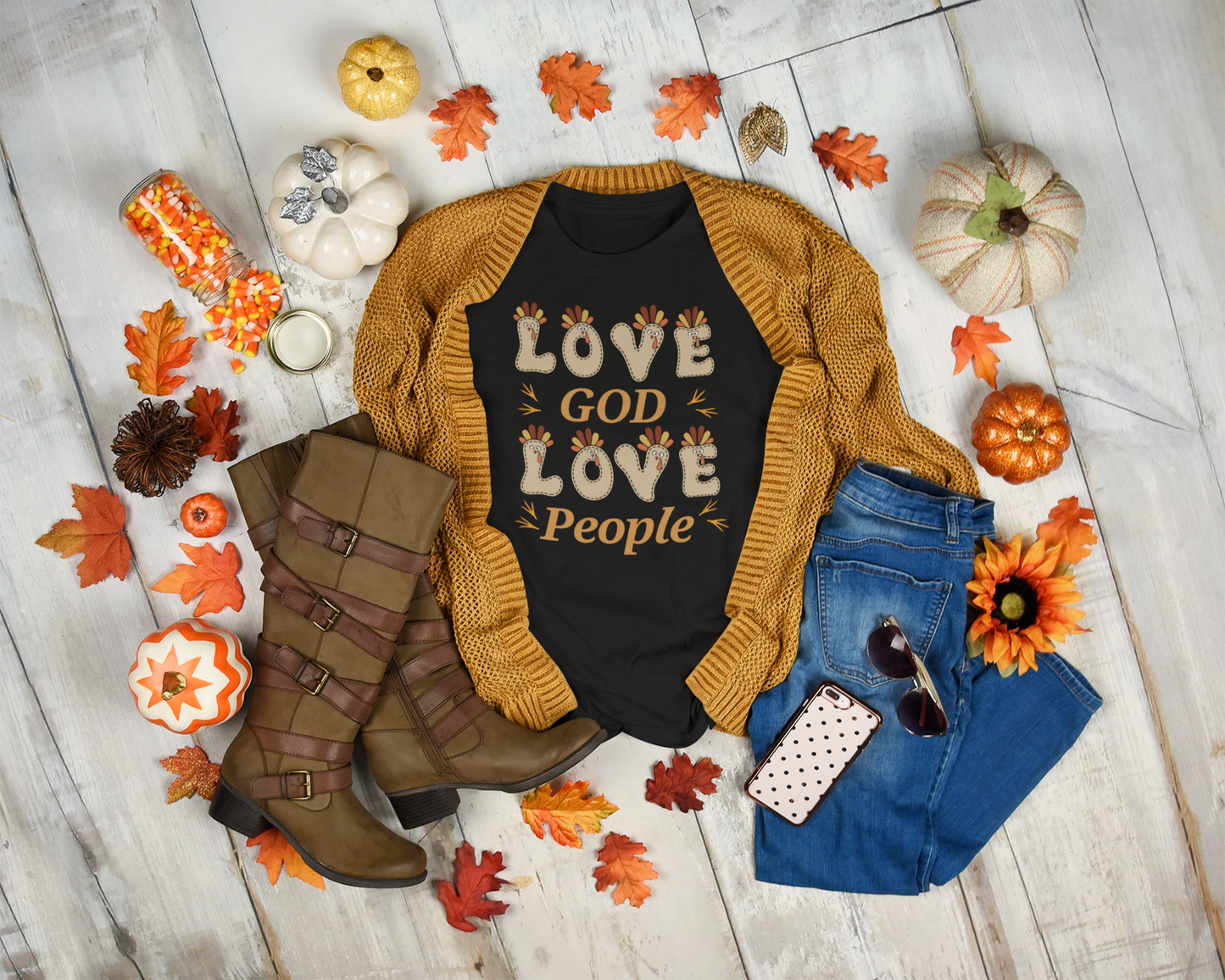 Thanksgiving Love God, Love People Fun Turkey T shirtTee - Unisex Jersey Short Sleeve T-Shirt