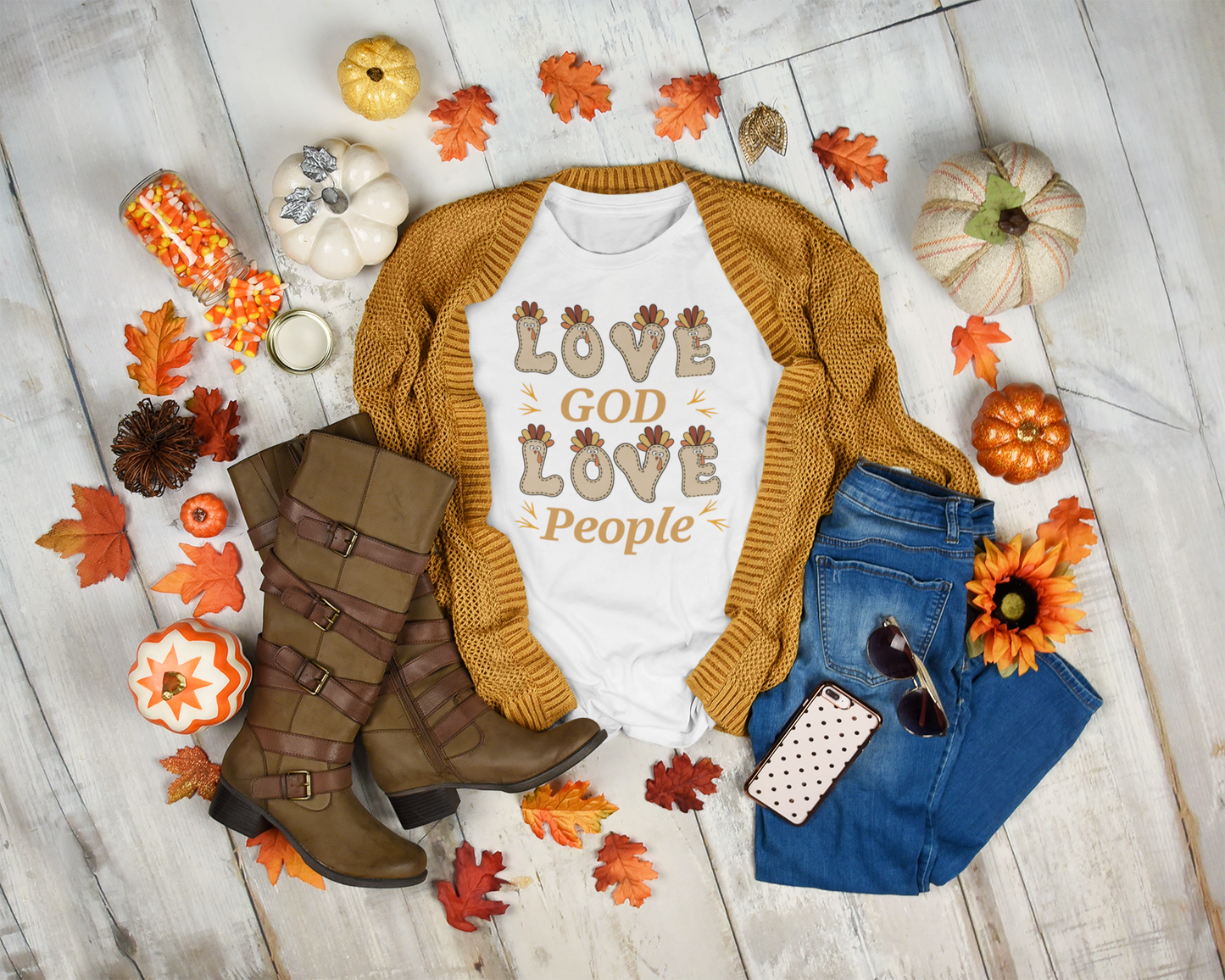 Thanksgiving Love God, Love People Fun Turkey T shirtTee - Unisex Jersey Short Sleeve T-Shirt
