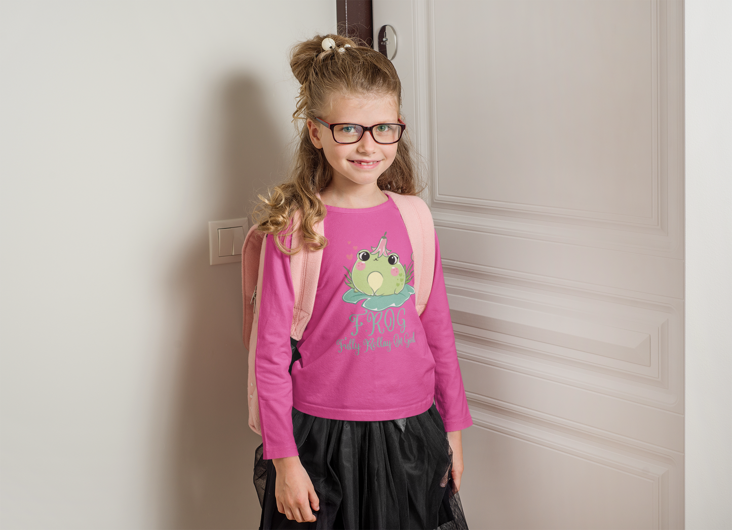 Frog fully rely on God cute christian t shirt Love Youth Long Sleeve Tee - Fun and Playful Design for Kids