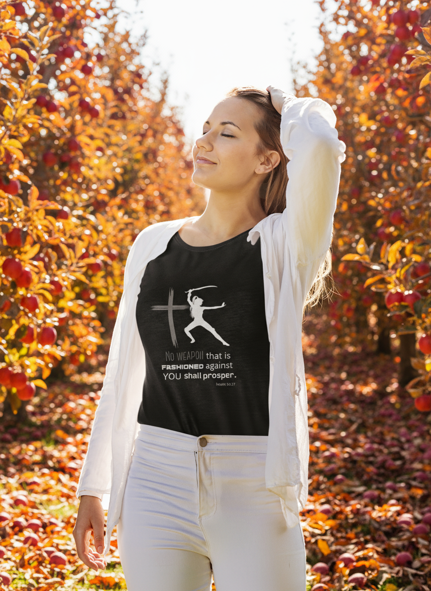 Spiritual warfare t shirt.  No weapon fashioned against me shall prosper. In Jesus Name - Perfect for Everyday Wear