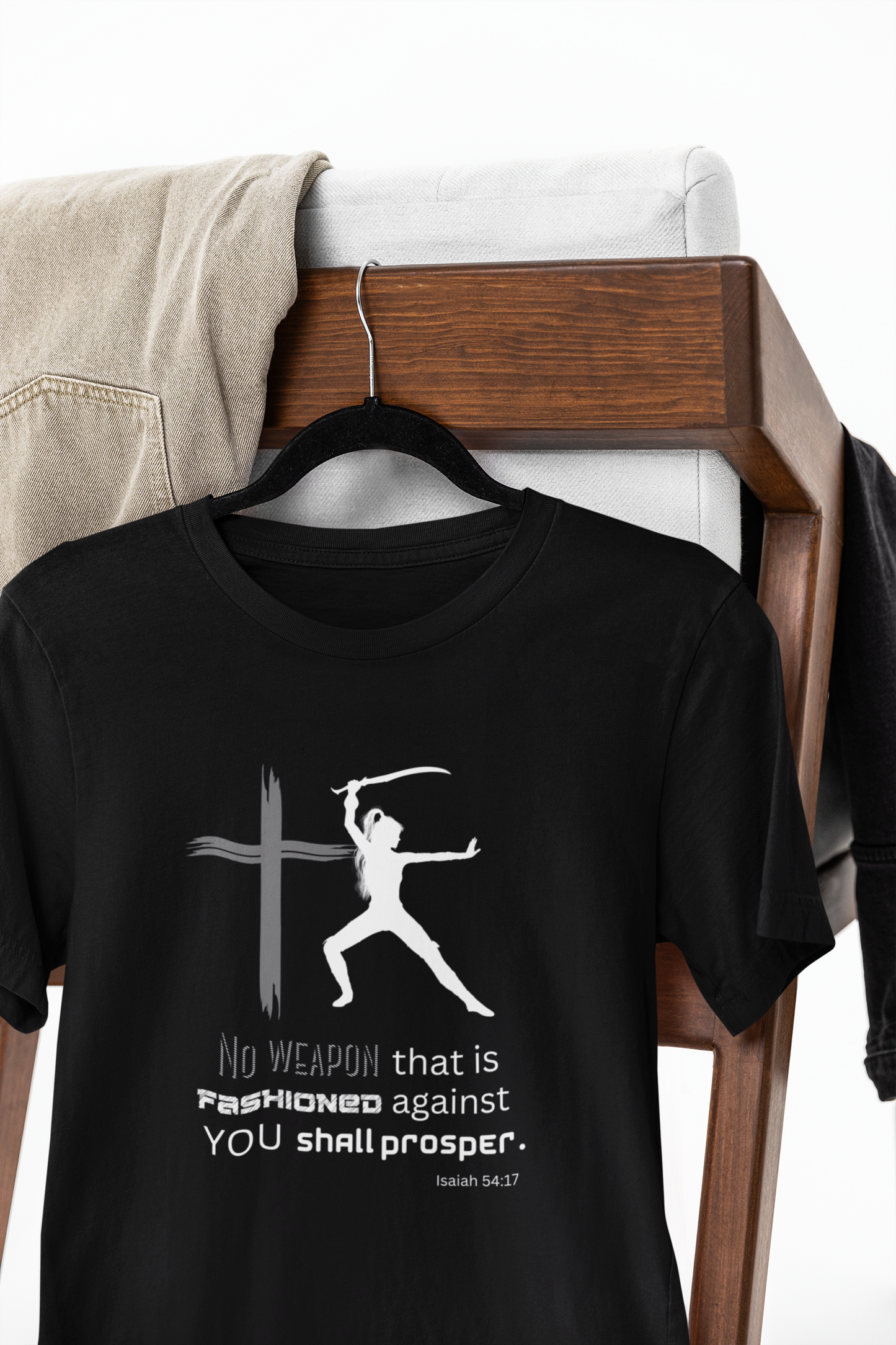 Spiritual warfare t shirt.  No weapon fashioned against me shall prosper. In Jesus Name - Perfect for Everyday Wear