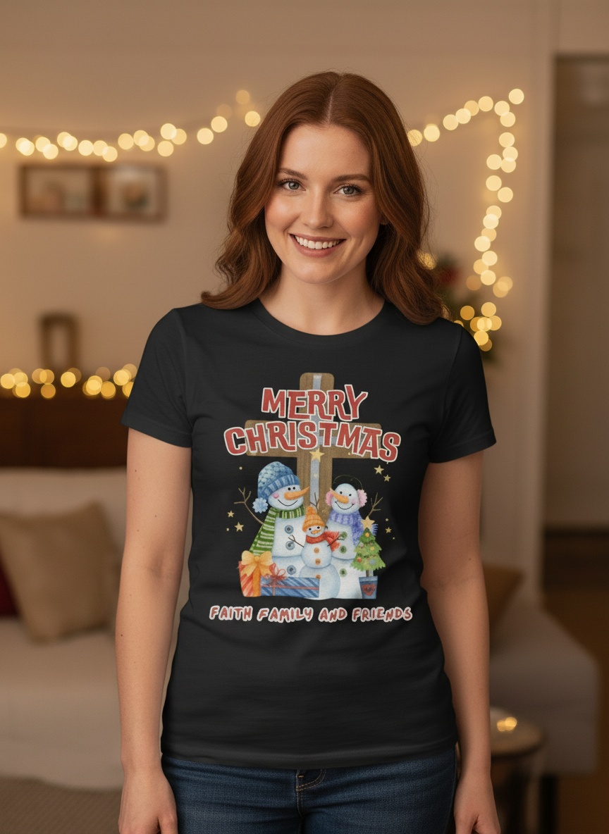 Festive Christmas Snowman Faith Family  Tee - Merry Christmas Design