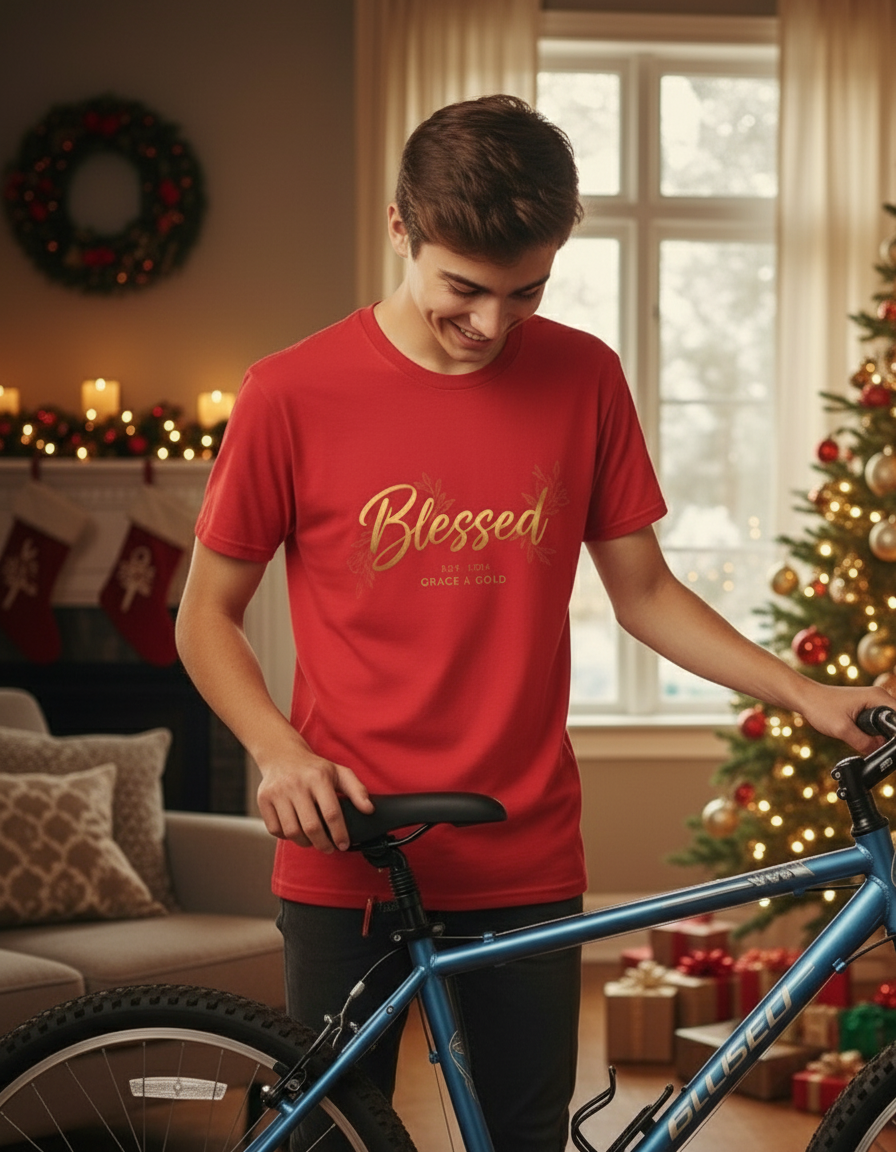 Blessed Gold Script T-Shirt — Inspirational Faith Tee