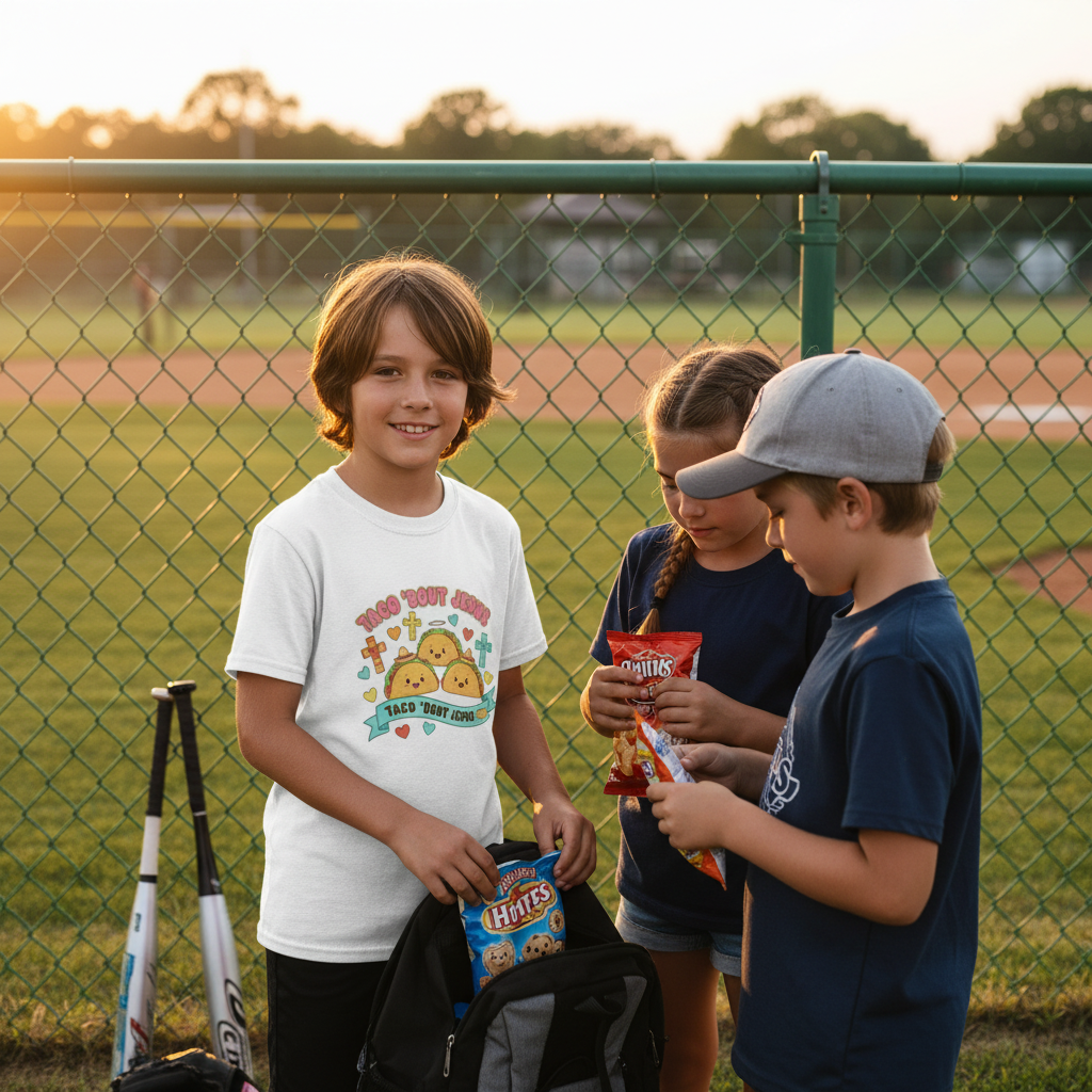 Kids Tee — Cute 'Taco 'Bout Jesus' Christian Taco Graphic Shirt