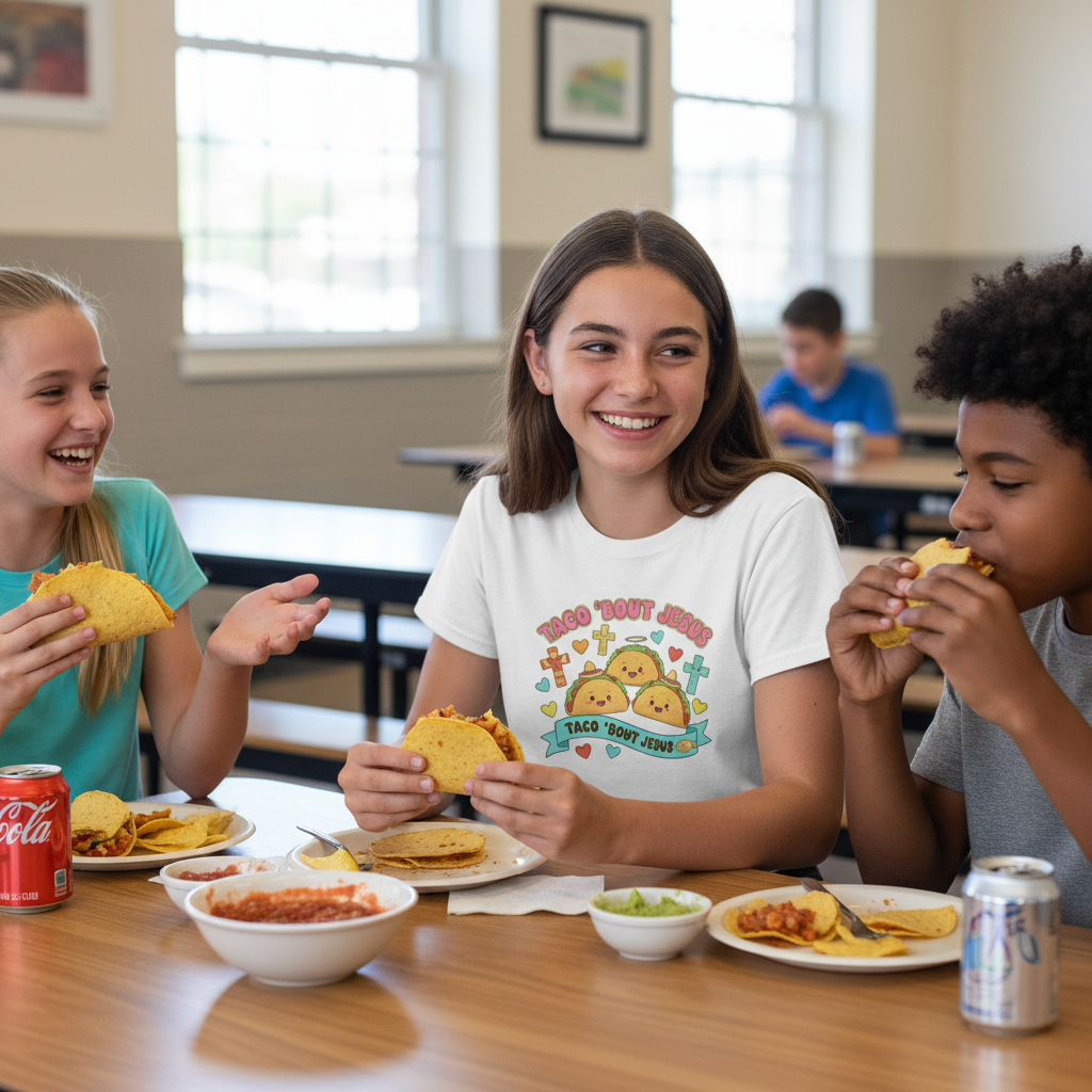 Kids Tee — Cute 'Taco 'Bout Jesus' Christian Taco Graphic Shirt