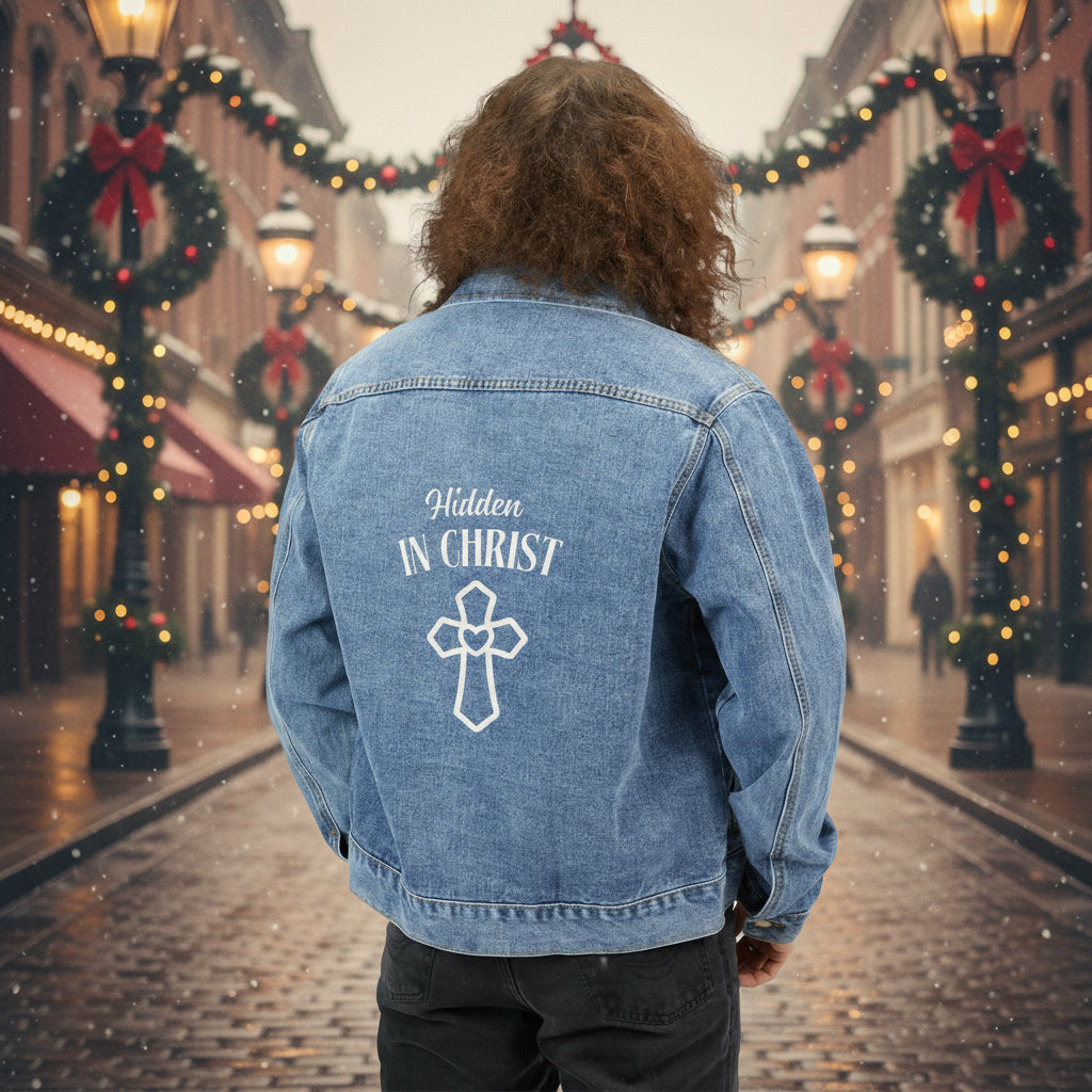 Faith-Inspired Men's Denim Jacket with Inspirational Cross Design