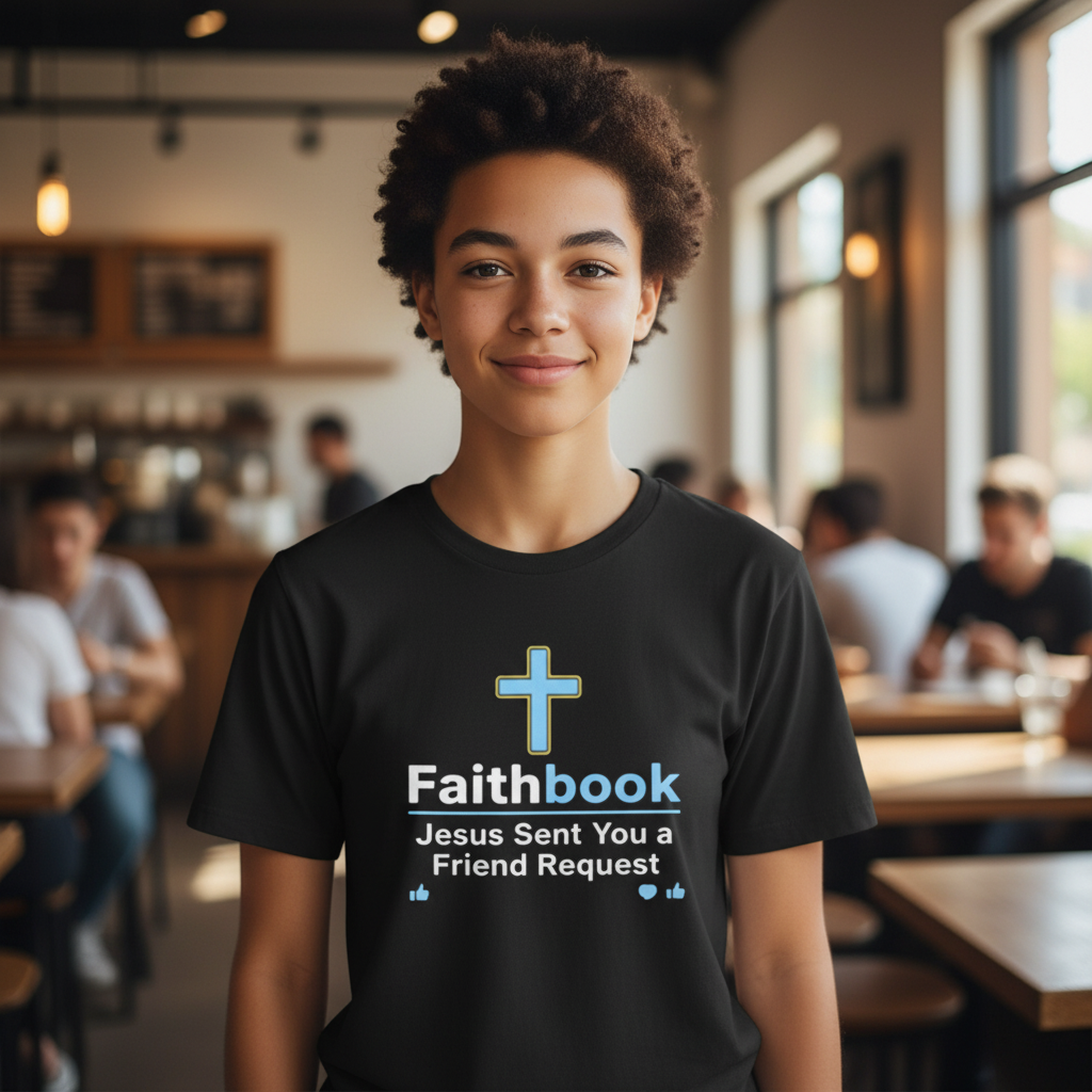 Faithbook T-Shirt — "Jesus Sent You a Friend Request" Christian Tee