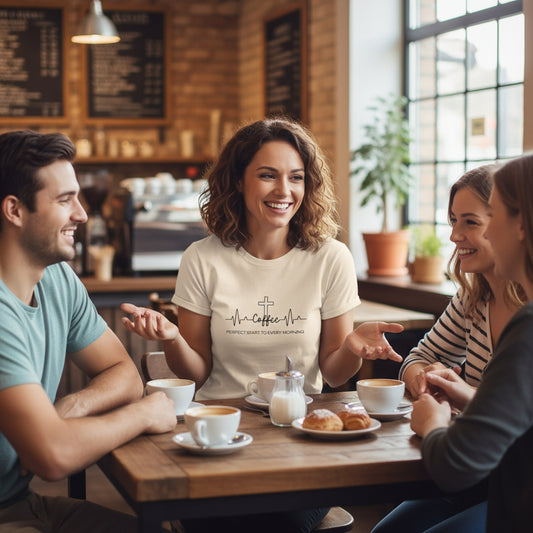 Coffee and Jesus are the perfect start to every morning.. Heartbeat Tee - Faith starts in the morning Perfect Start to Every Morning