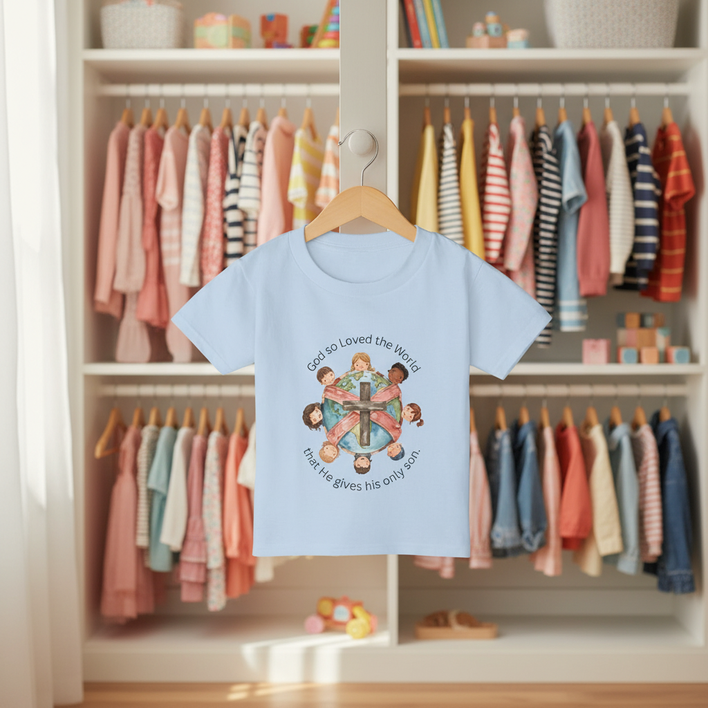 Christian Toddler T‑Shirt — "God So Loved the World" Cross & Children Design