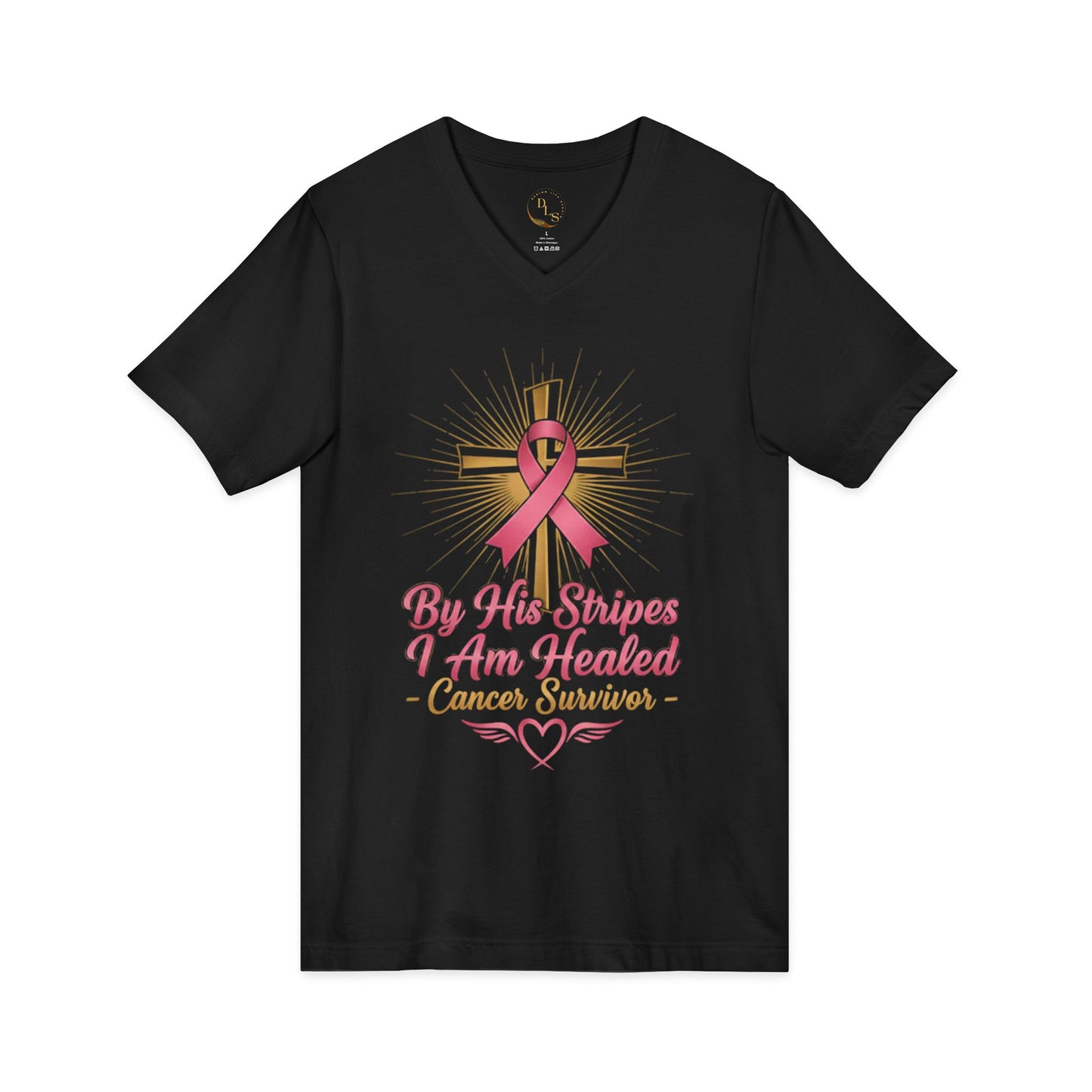 Cancer Survivor V-Neck Tee — "By His Stripes I Am Healed" Faith & Pink Ribbon Shirt