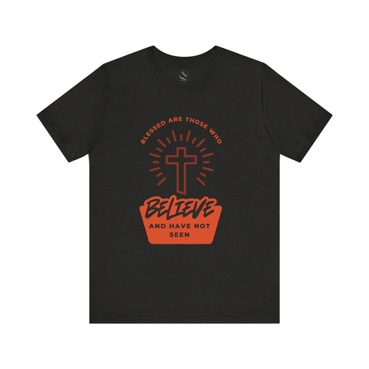Blessed Are Those Who Believe” Radiant Cross Tee Faith That Shines. Belief That Endures.