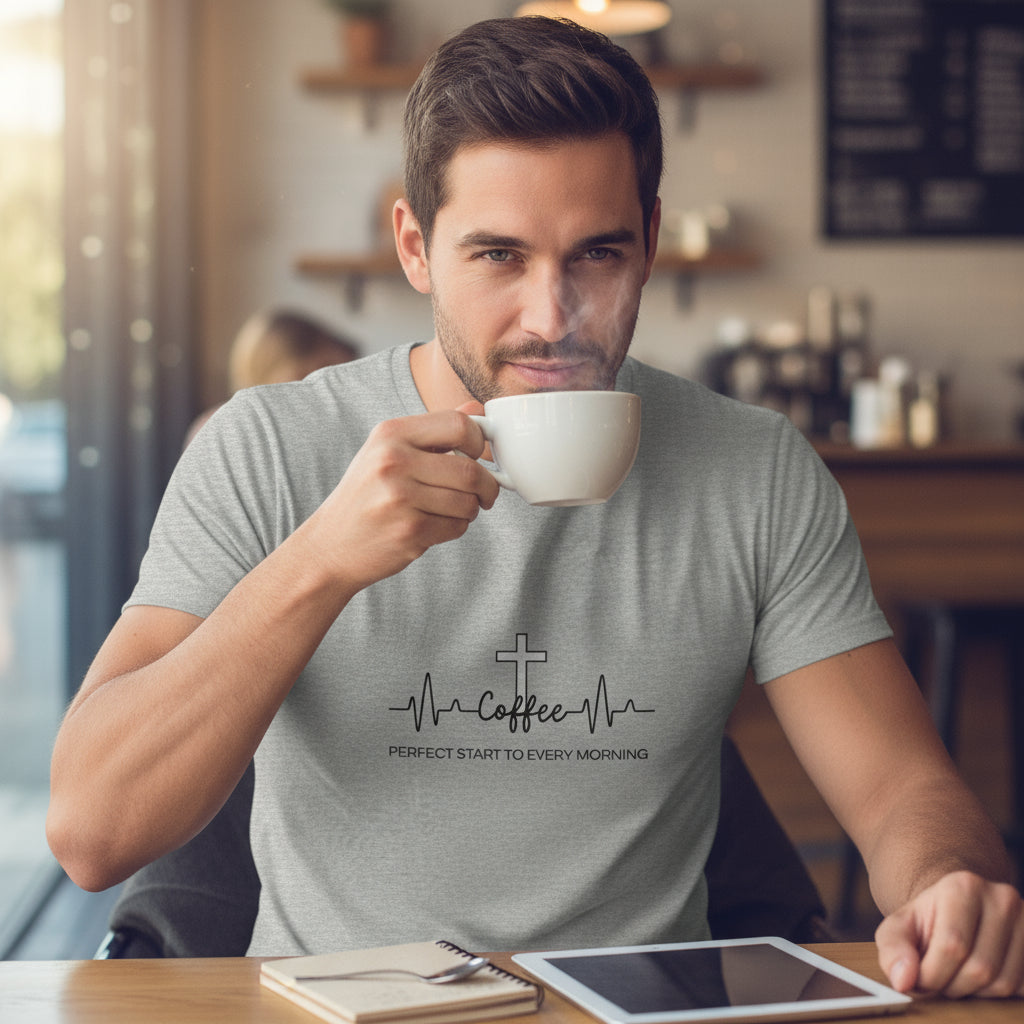 Coffee and Jesus are the perfect start to every morning.. Heartbeat Tee - Faith starts in the morning Perfect Start to Every Morning