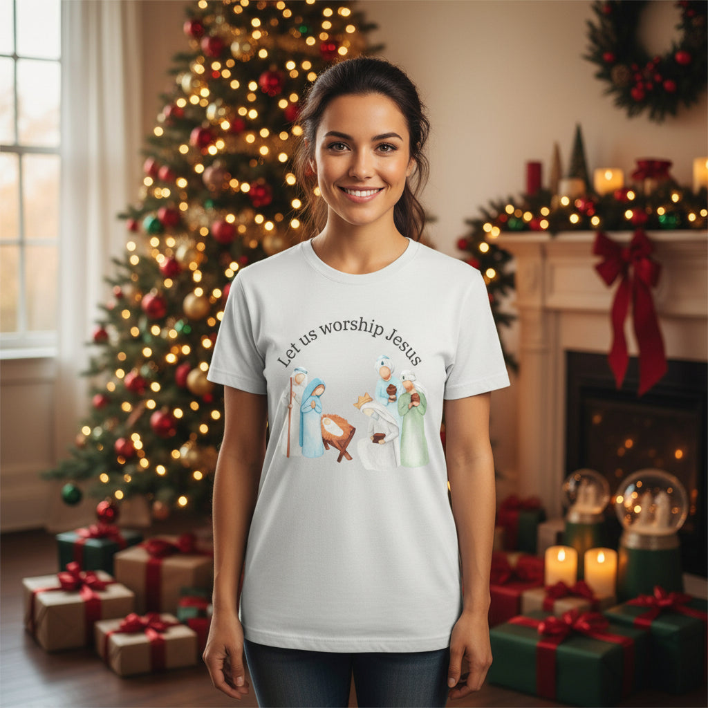 Let Us Worship Jesus Christmas T Shirt from Remarkablefaith.net beautiful manager scene