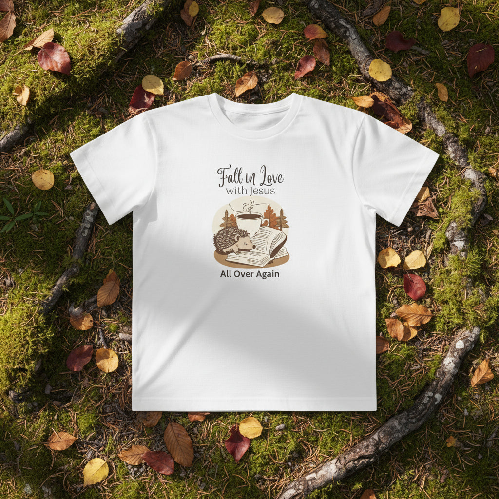 Kids Fall in Love with Jesus Tee, hedge hog reading the bible. Faith-Based Kids Apparel, Religious Youth Shirt, Christian Gift for Kids