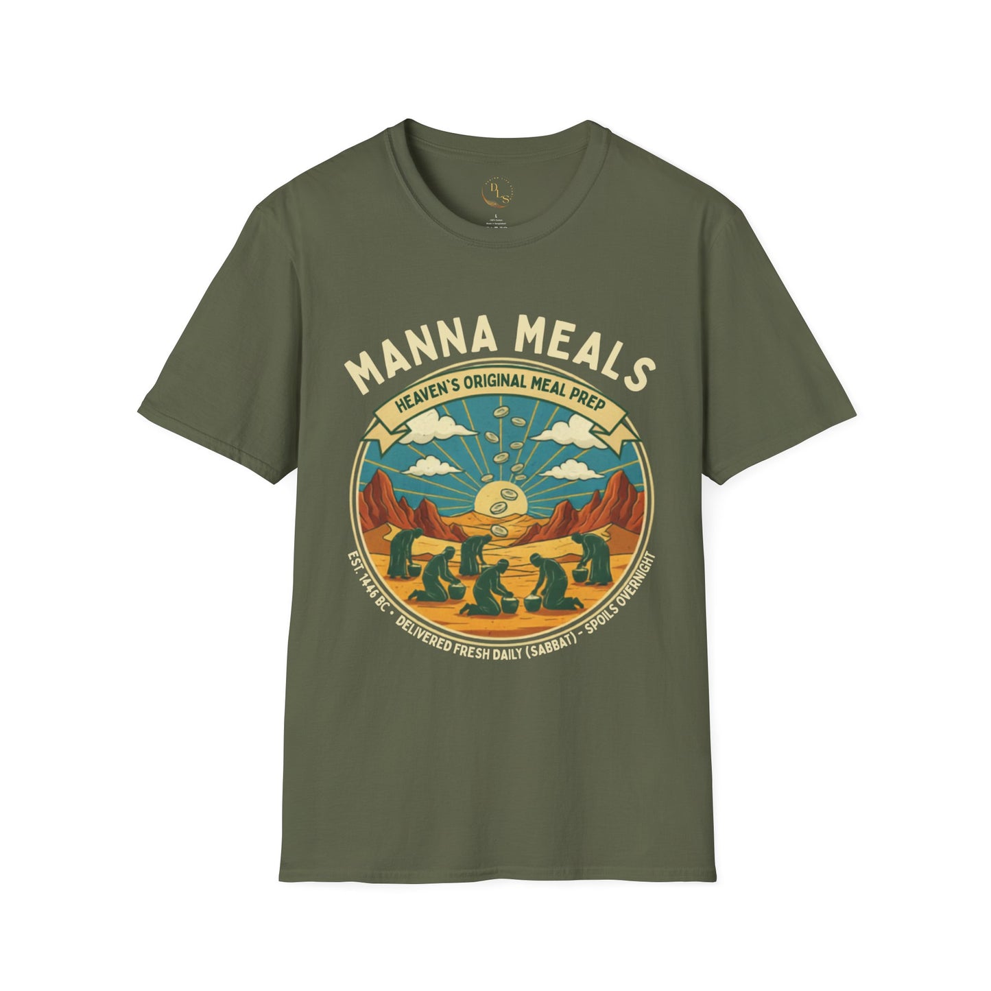 Comedy T-Shirt — Manna Meals “Heaven’s Original Meal Prep” Vintage Sunrise Design