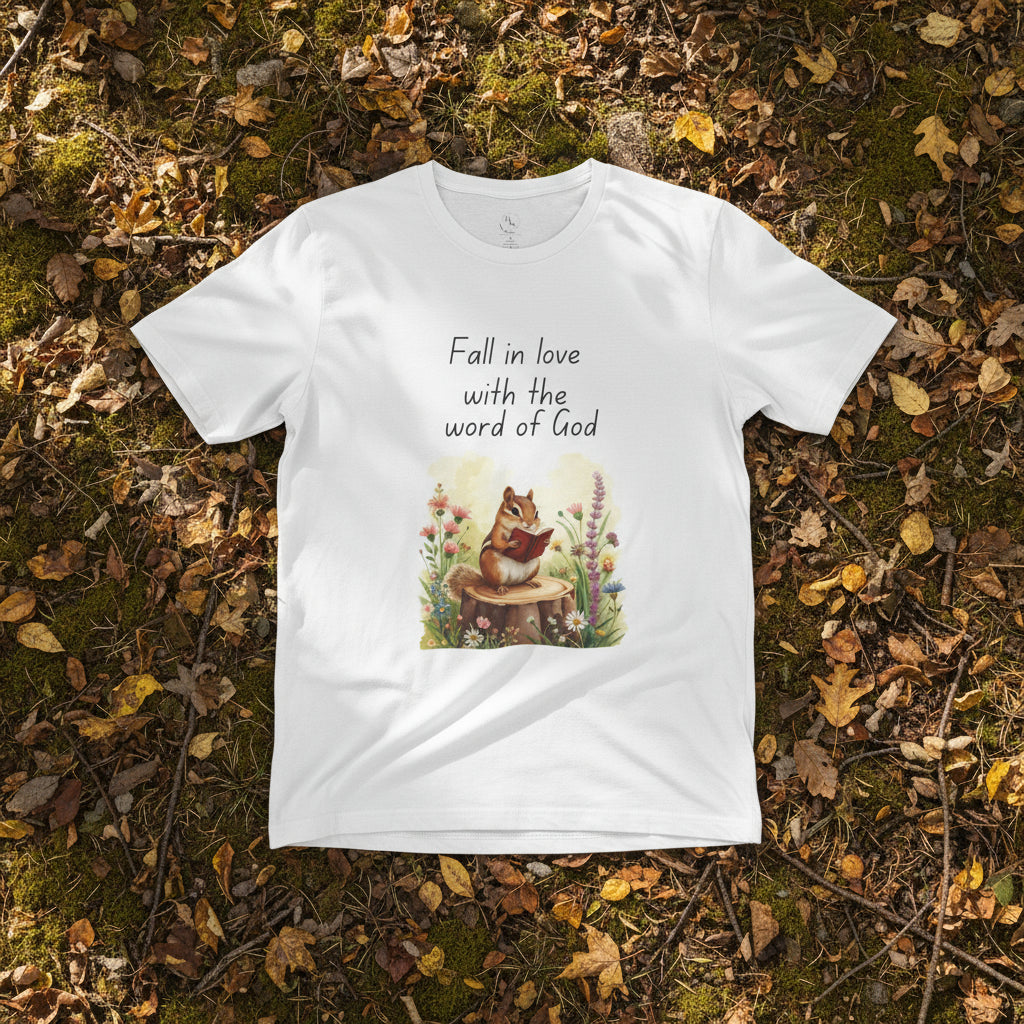 Fall in love with the word of God chipmunk t shirt. Celebrate this fall with this cute t shirt makes for a great gift.