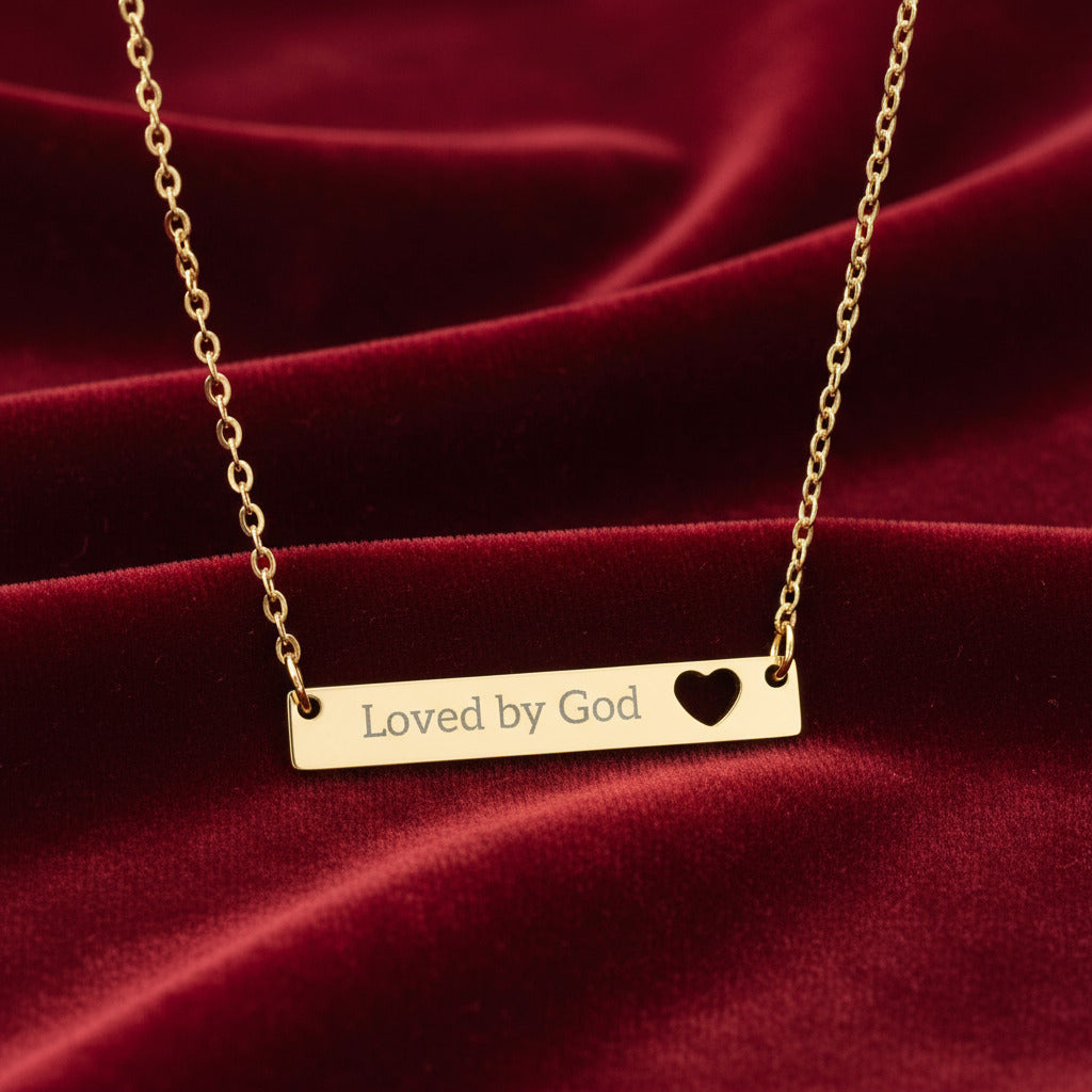 Engraved Heart Bar Necklace - Loved by God