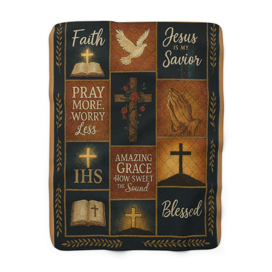 Christian Sherpa Blanket — 'Faith, Pray More Worry Less' Inspirational Throw
