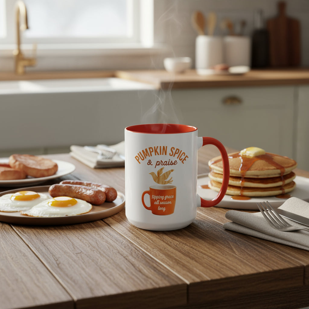 “Pumpkin Spice & Praise” fall comfort coffee cup. Give God all the praise well you enjoy your pumpkin spice.