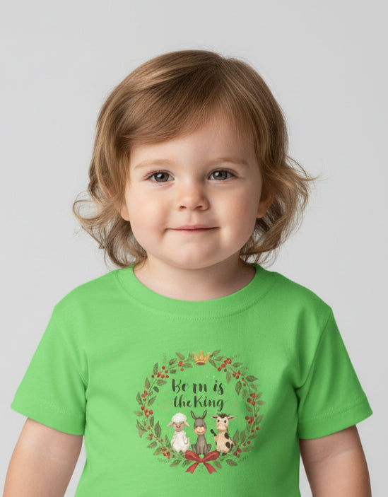 Toddler Tee — 'Born Is the King. Manger Animals. Holiday Wreath Christmas Shirt