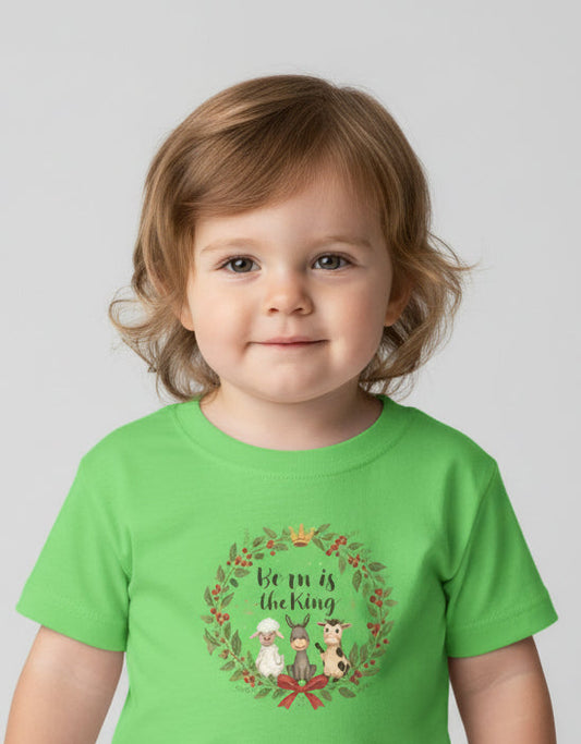 Toddler Tee — 'Born Is the King. Manger Animals. Holiday Wreath Christmas Shirt