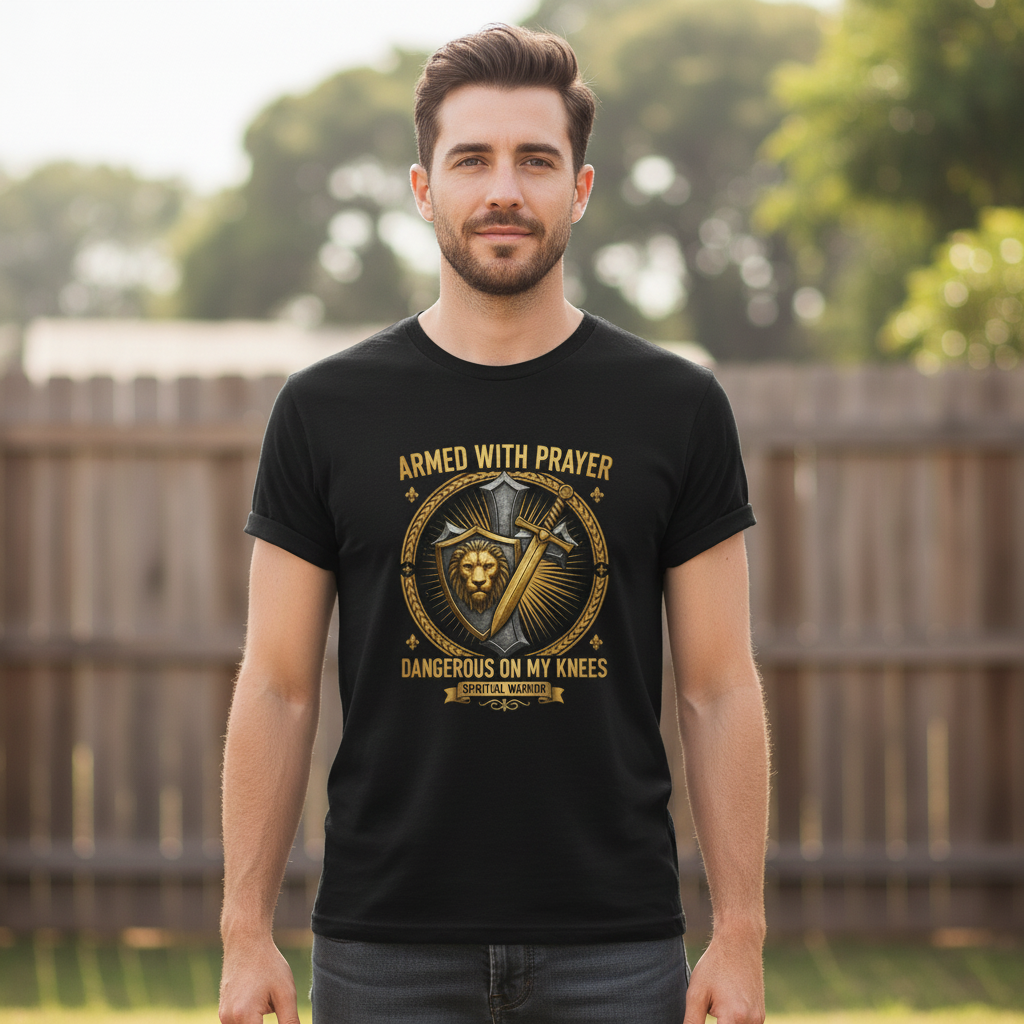 Armed With Prayer T-Shirt — Christian Faith Warrior Tee ("Dangerous on My Knees")