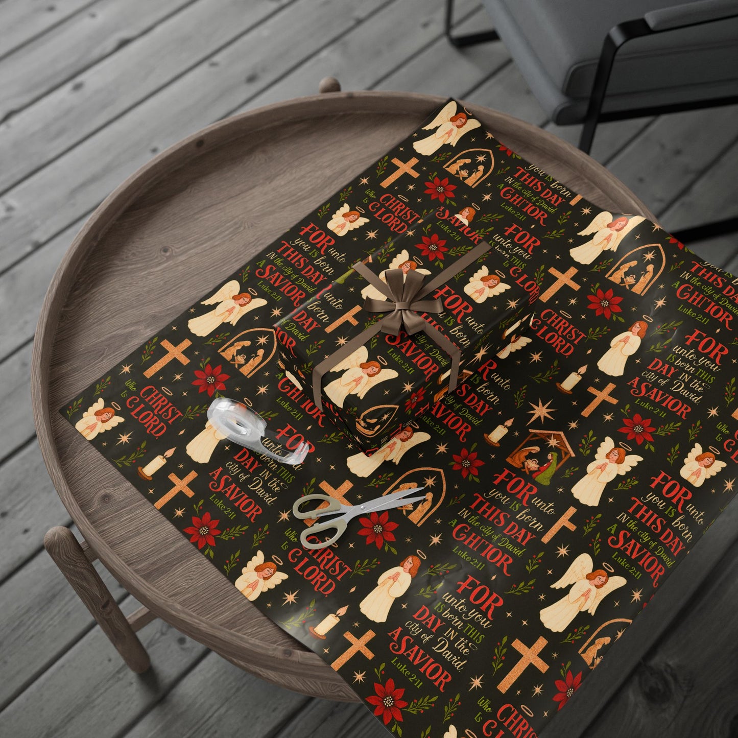 Christian Nativity Wrapping Paper – 'For This Day a Savior Is Born' Holiday Gift Wrap (Angels, Crosses & Manger Pattern)