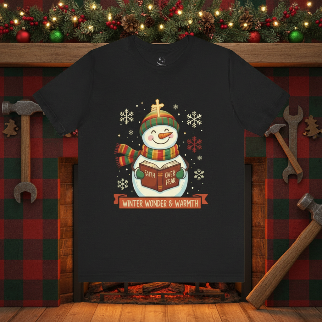 Winter Wonder Warmth Snowman Christmas Tee - Faith Over Fear Snowman Design