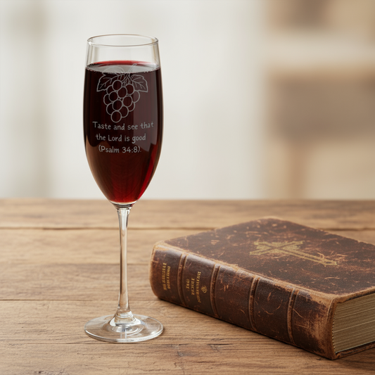 Taste and see that the Lord is good. Engraved 8oz Champagne Flute — Vine & Scripture Toast Glass