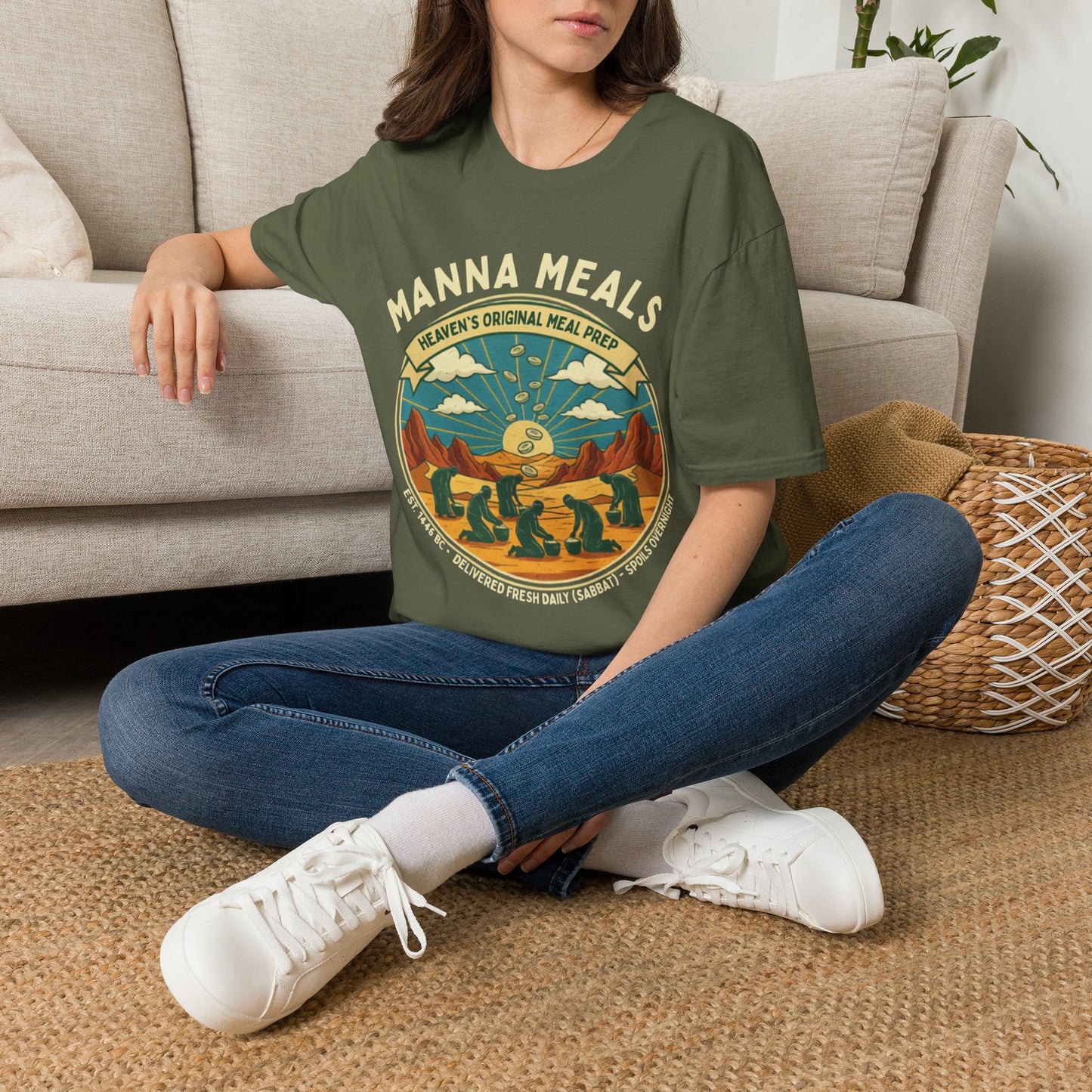 Comedy T-Shirt — Manna Meals “Heaven’s Original Meal Prep” Vintage Sunrise Design
