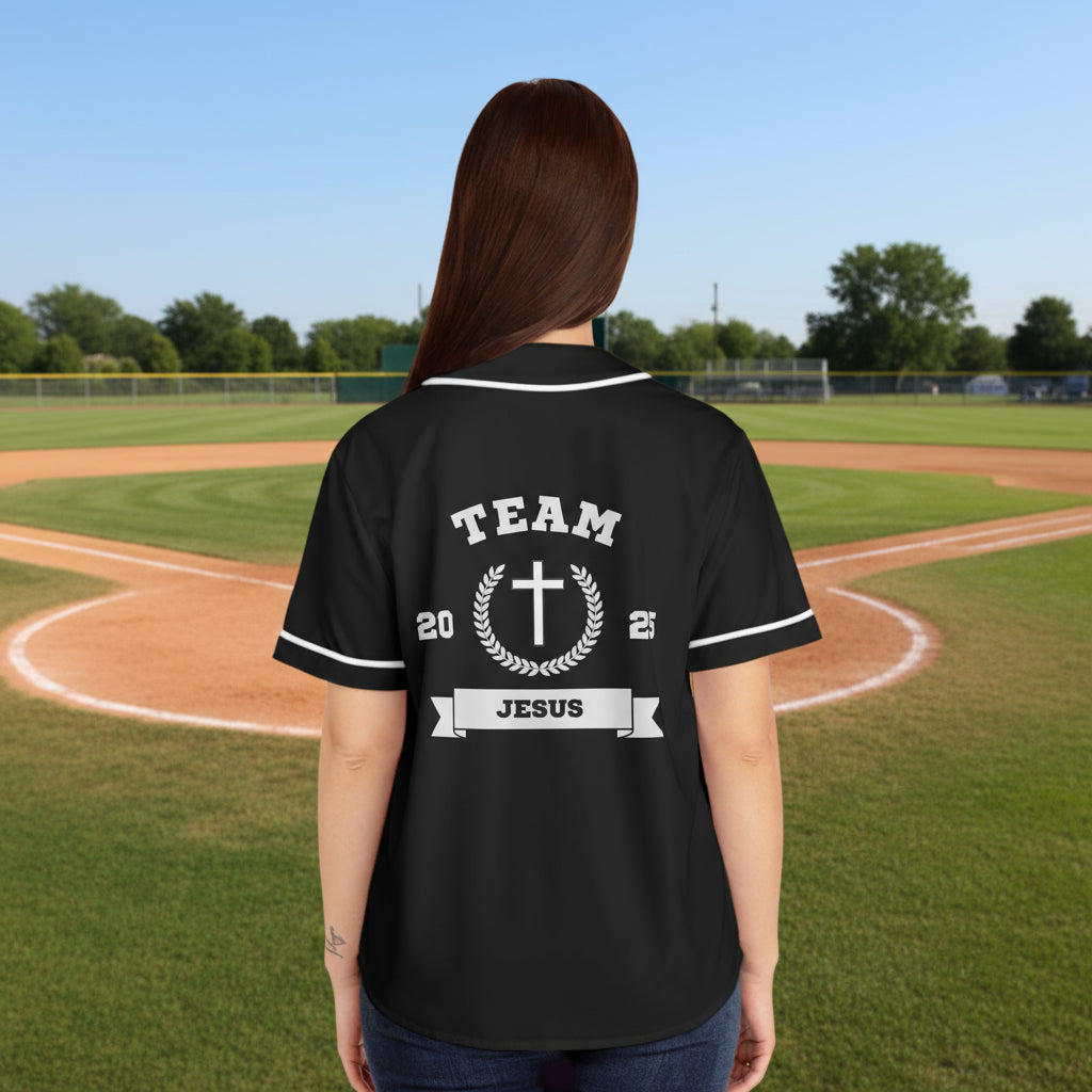 Team Jesus.  Champion of Faith . Faith-Inspired Women's Baseball Jersey - Team Jesus 2025