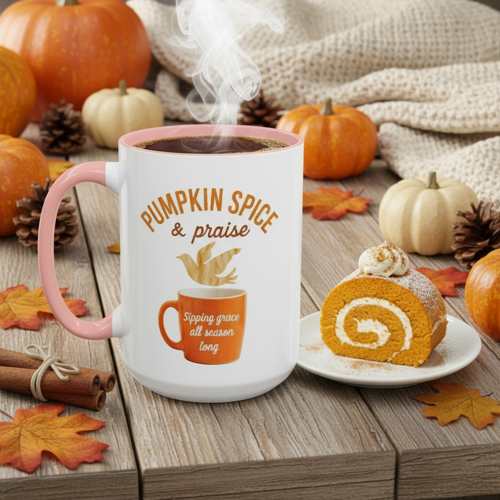 “Pumpkin Spice & Praise” fall comfort coffee cup. Give God all the praise well you enjoy your pumpkin spice.