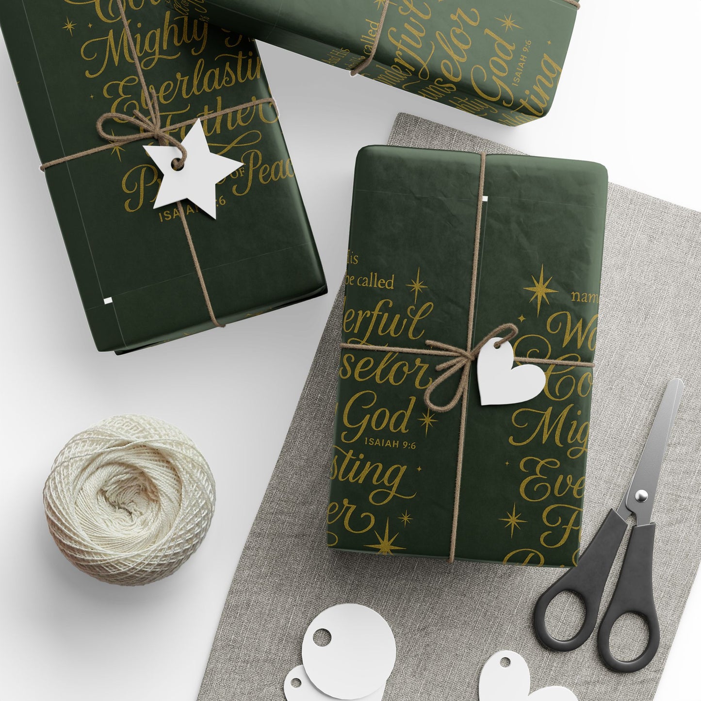 Christmas Wrapping Paper – Dark Green Gold Script "Merry & Bright" Holiday Gift Wrap