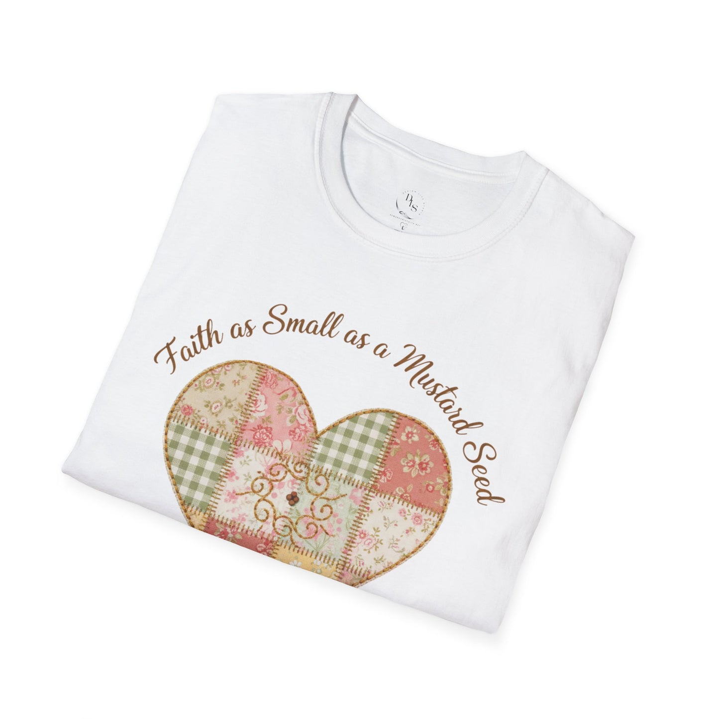 Faith as Small as a Mustard Seed T-Shirt — Heart Patchwork Matthew 17:20 Christian Tee