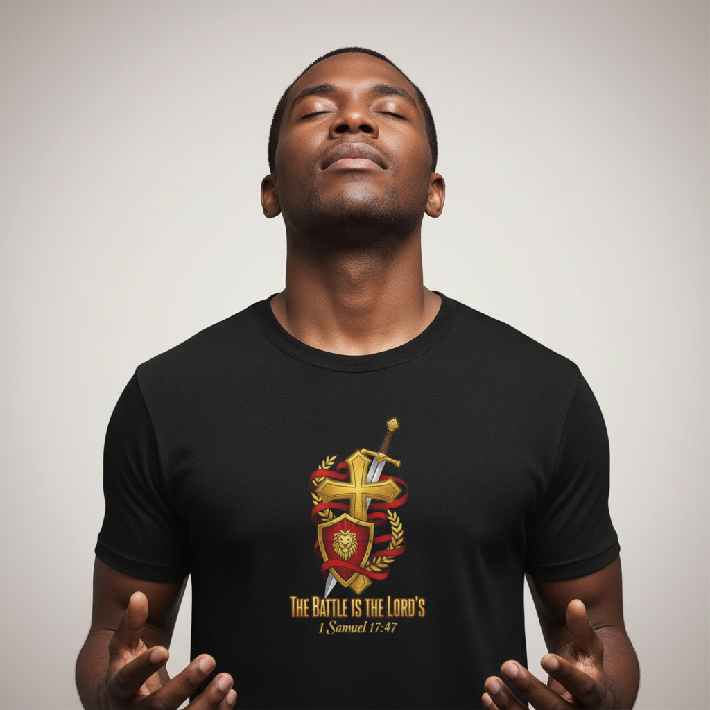 Christian Battle Shield T-Shirt — "The Battle Is The Lord's" (1 Samuel 17:47)
