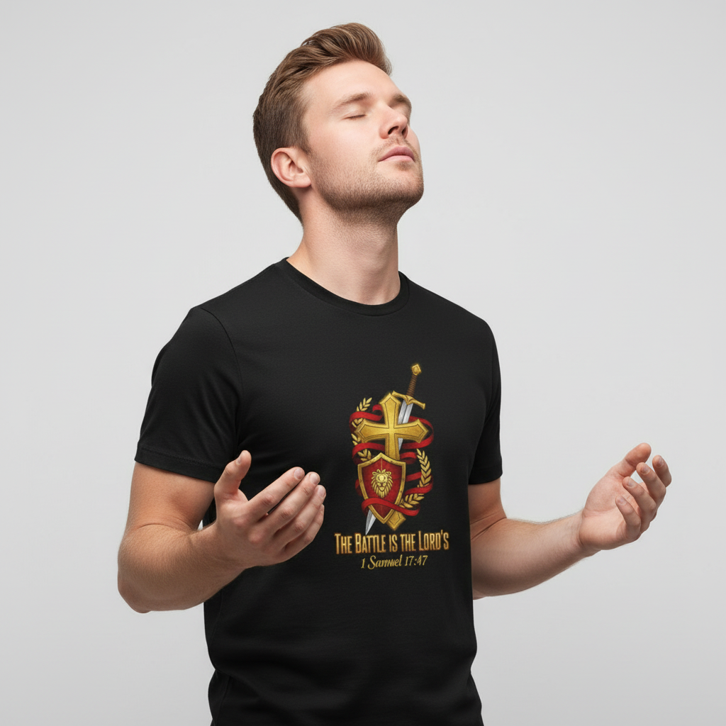 Christian Battle Shield T-Shirt — "The Battle Is The Lord's" (1 Samuel 17:47)