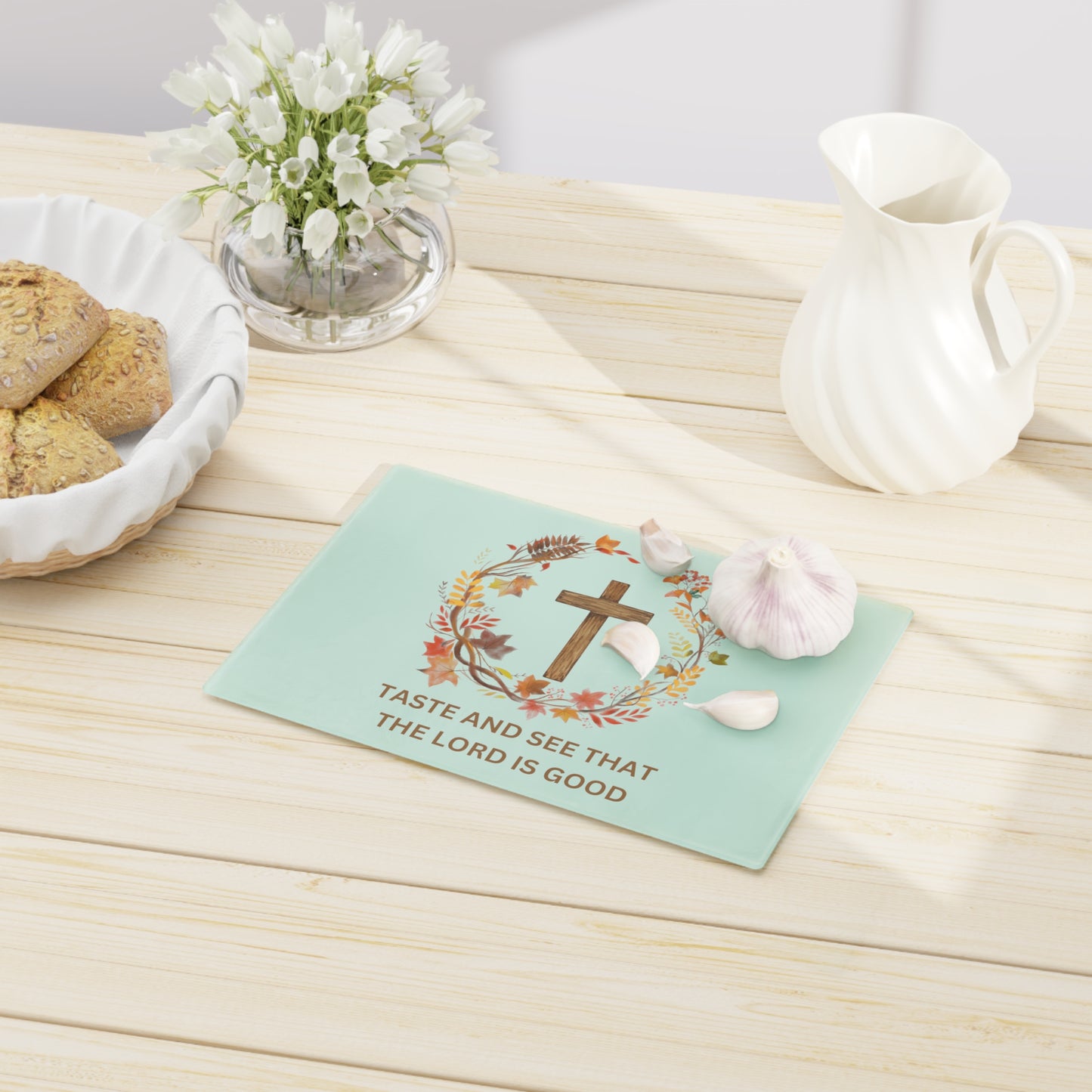 Christian Cutting Board – "Taste and See That the Lord Is Good" Autumn Wreath