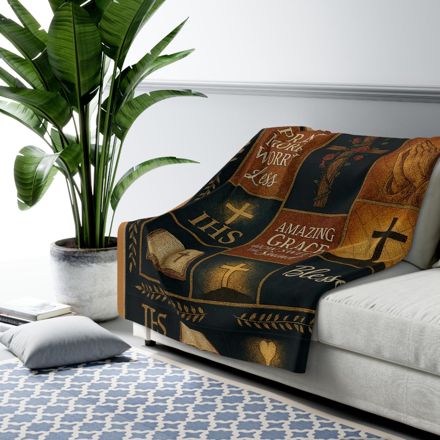Christian Sherpa Blanket — 'Faith, Pray More Worry Less' Inspirational Throw