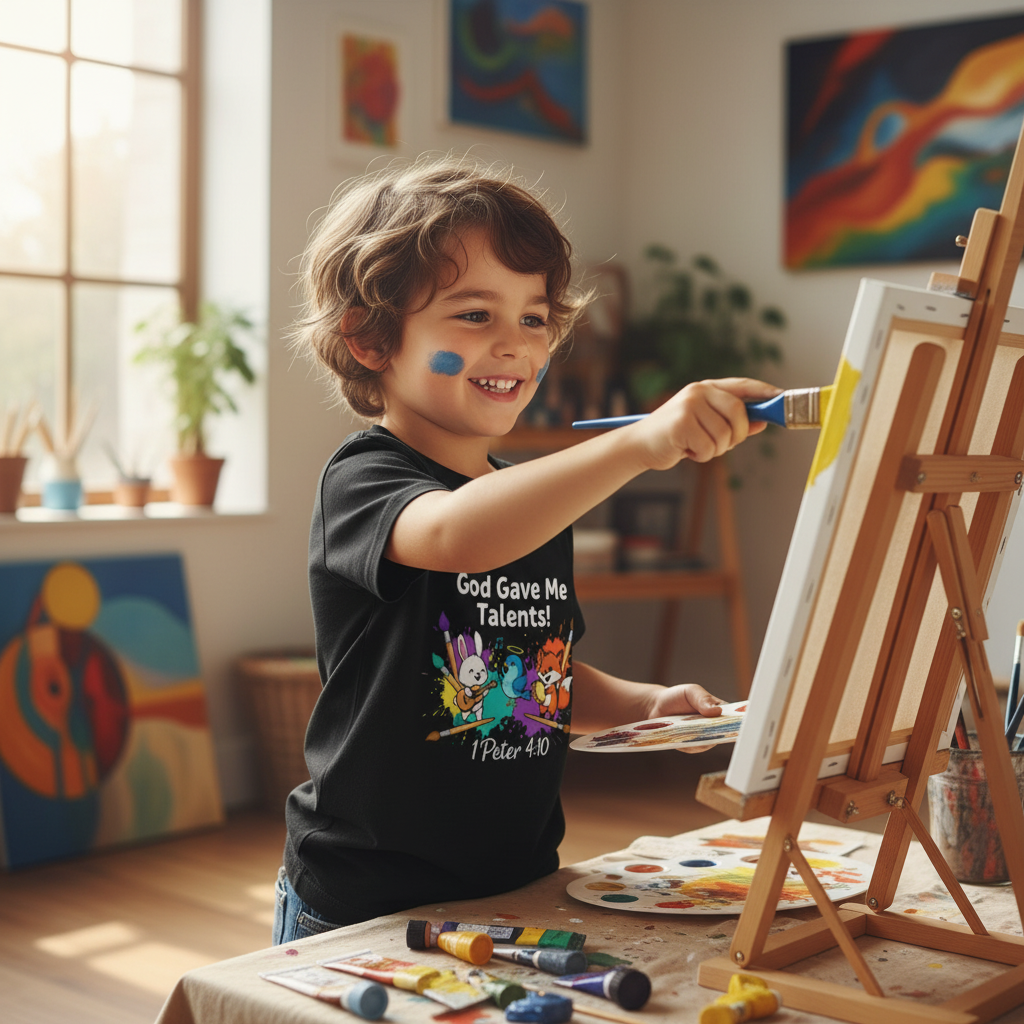 God Gave Me Talents Kids T-Shirt – 1 Peter 4:10 Cute Animal Musicians Faith Tee