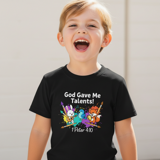 God Gave Me Talents Kids T-Shirt – 1 Peter 4:10 Cute Animal Musicians Faith Tee