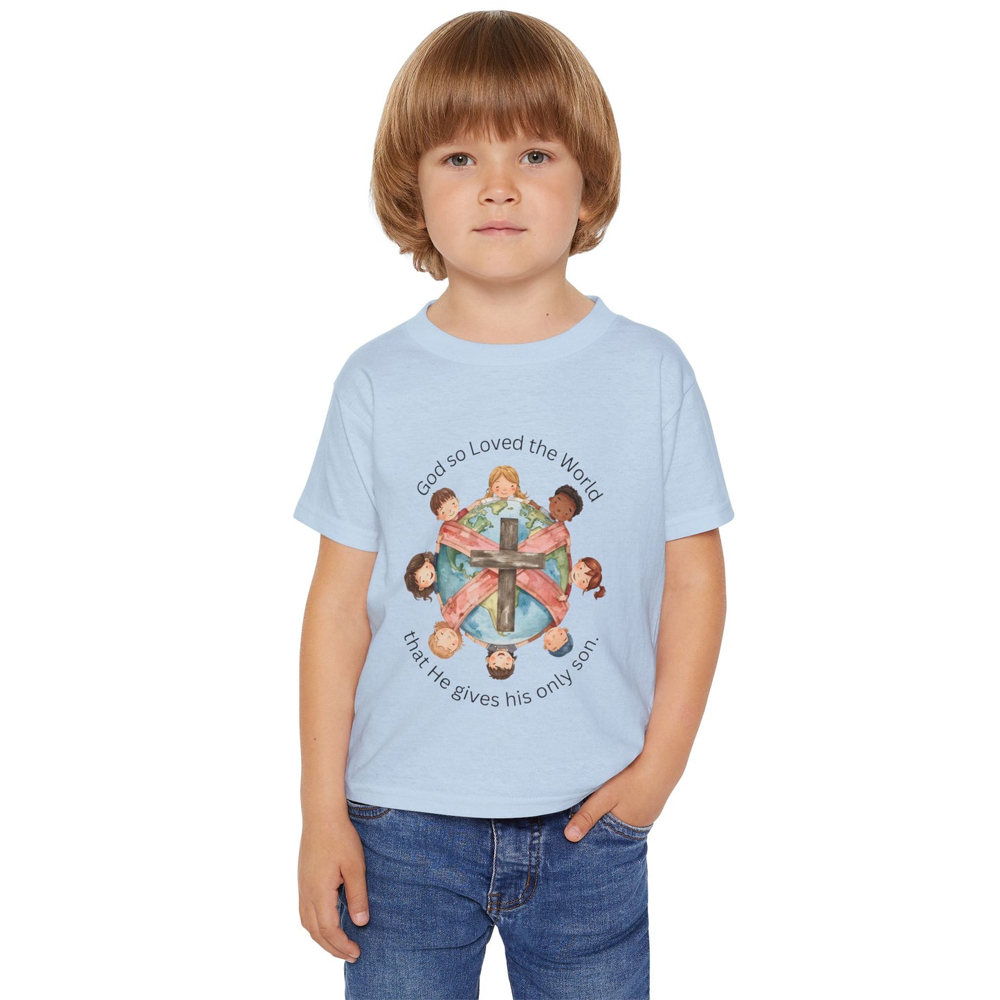 Christian Toddler T‑Shirt — "God So Loved the World" Cross & Children Design