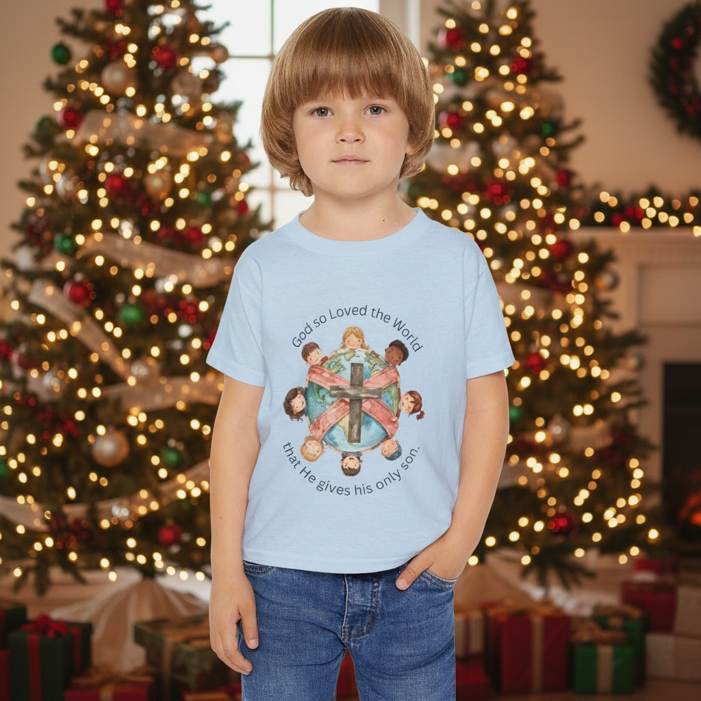 Christian Toddler T‑Shirt — "God So Loved the World" Cross & Children Design