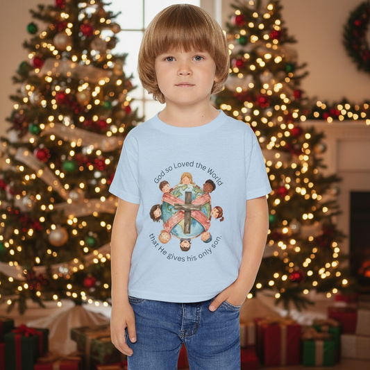 Christian Toddler T‑Shirt — "God So Loved the World" Cross & Children Design
