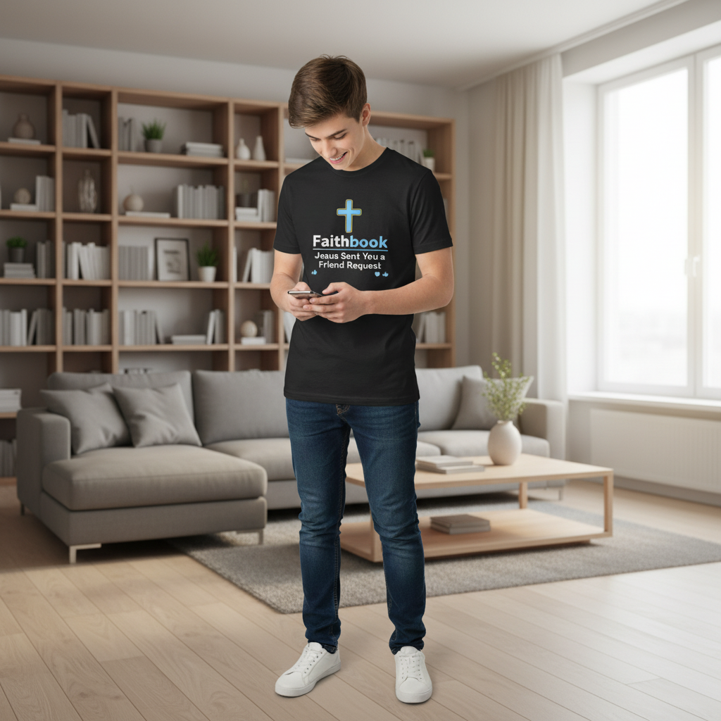 Faithbook T-Shirt — "Jesus Sent You a Friend Request" Christian Tee