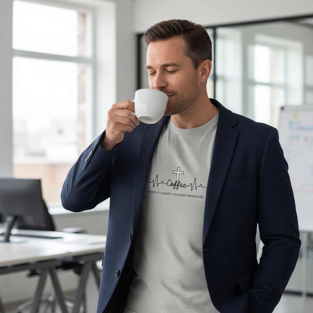 Coffee and Jesus are the perfect start to every morning.. Heartbeat Tee - Faith starts in the morning Perfect Start to Every Morning