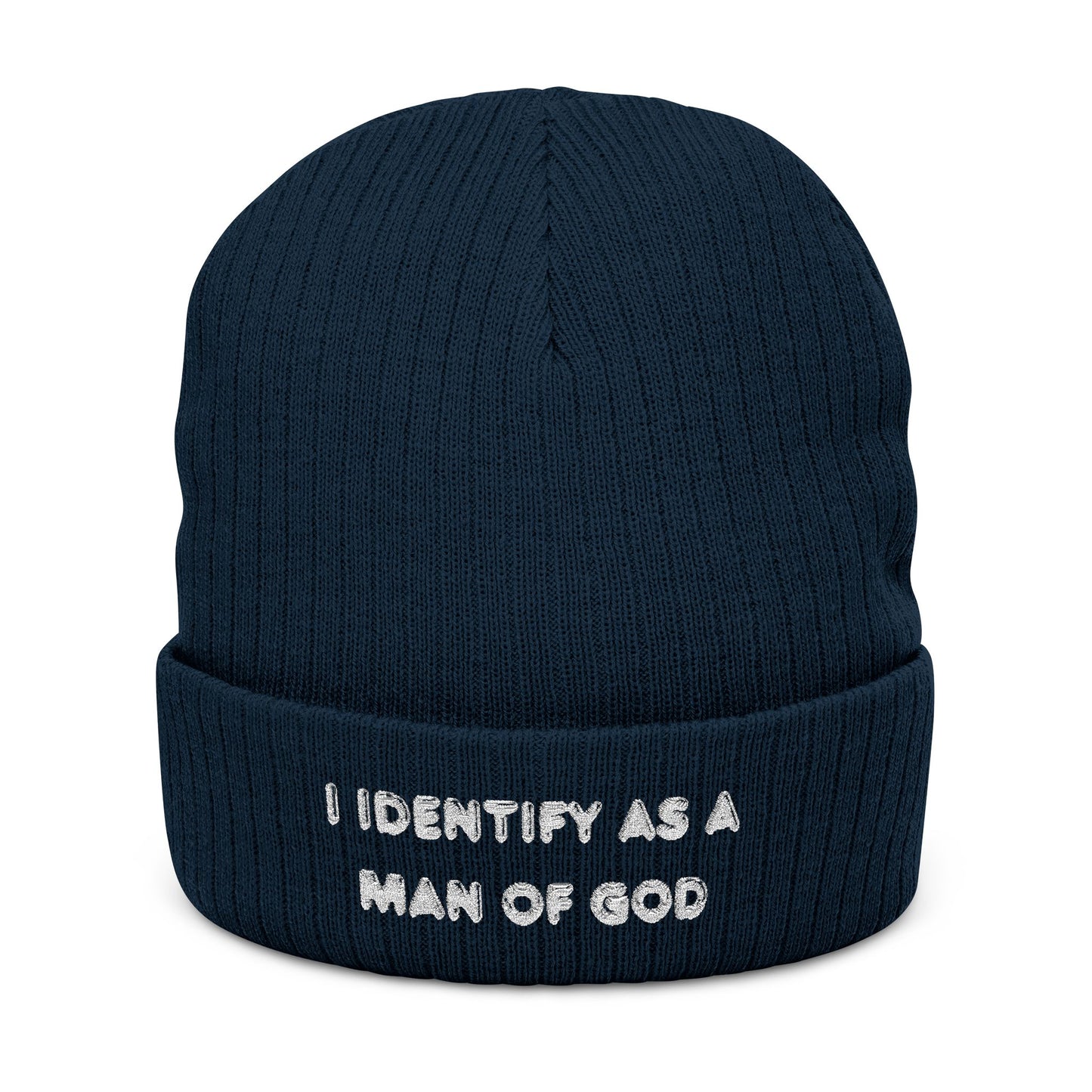 I identify as a man of God ribbed Knit Beanie (Embroidery)