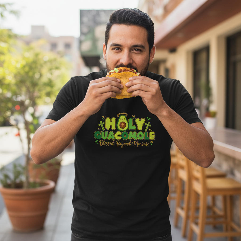 Holy Guacamole T-Shirt — "Blessed Beyond Masadro" Funny Avocado Tee